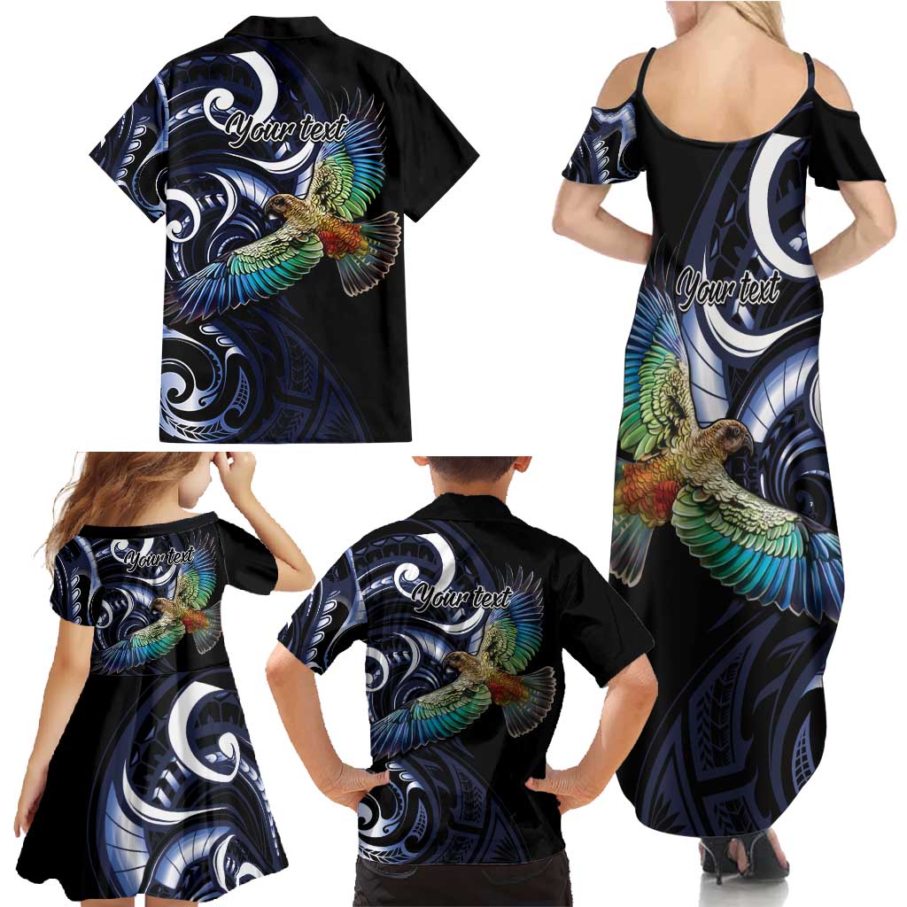 New Zealand Kea Bird Personalised Family Matching Summer Maxi Dress and Hawaiian Shirt Maori Tribal Koru Art