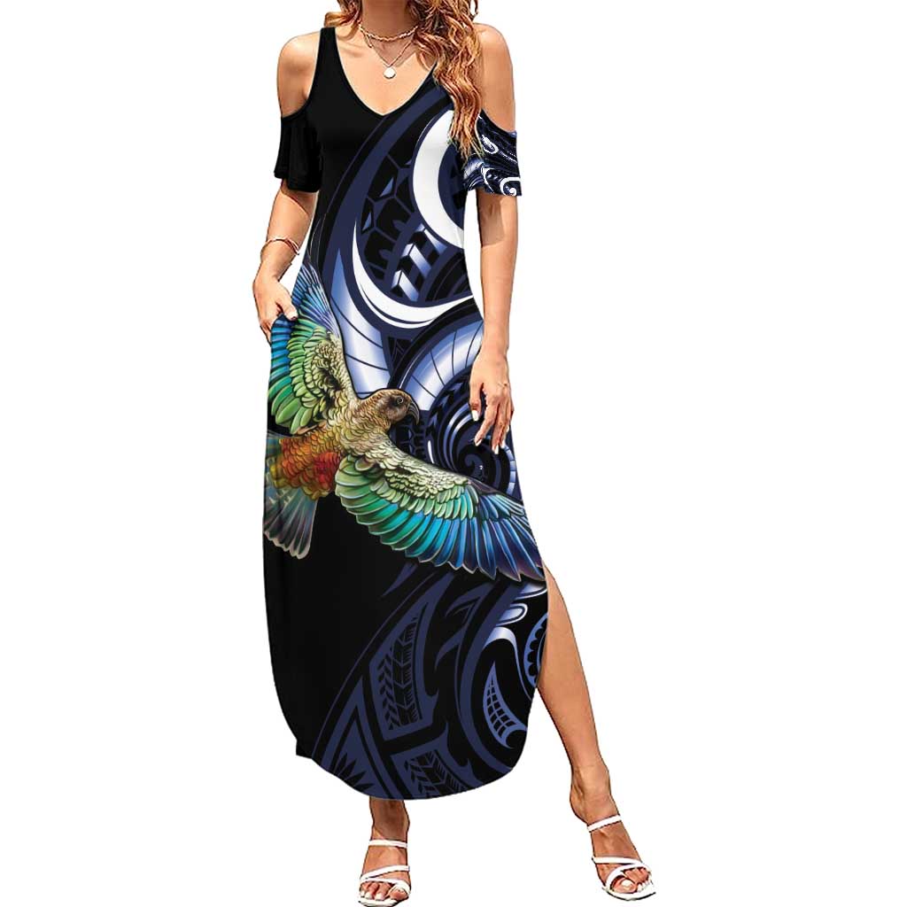 New Zealand Kea Bird Personalised Family Matching Summer Maxi Dress and Hawaiian Shirt Maori Tribal Koru Art