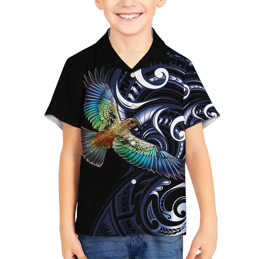 New Zealand Kea Bird Personalised Kid Hawaiian Shirt Maori Tribal Koru Art