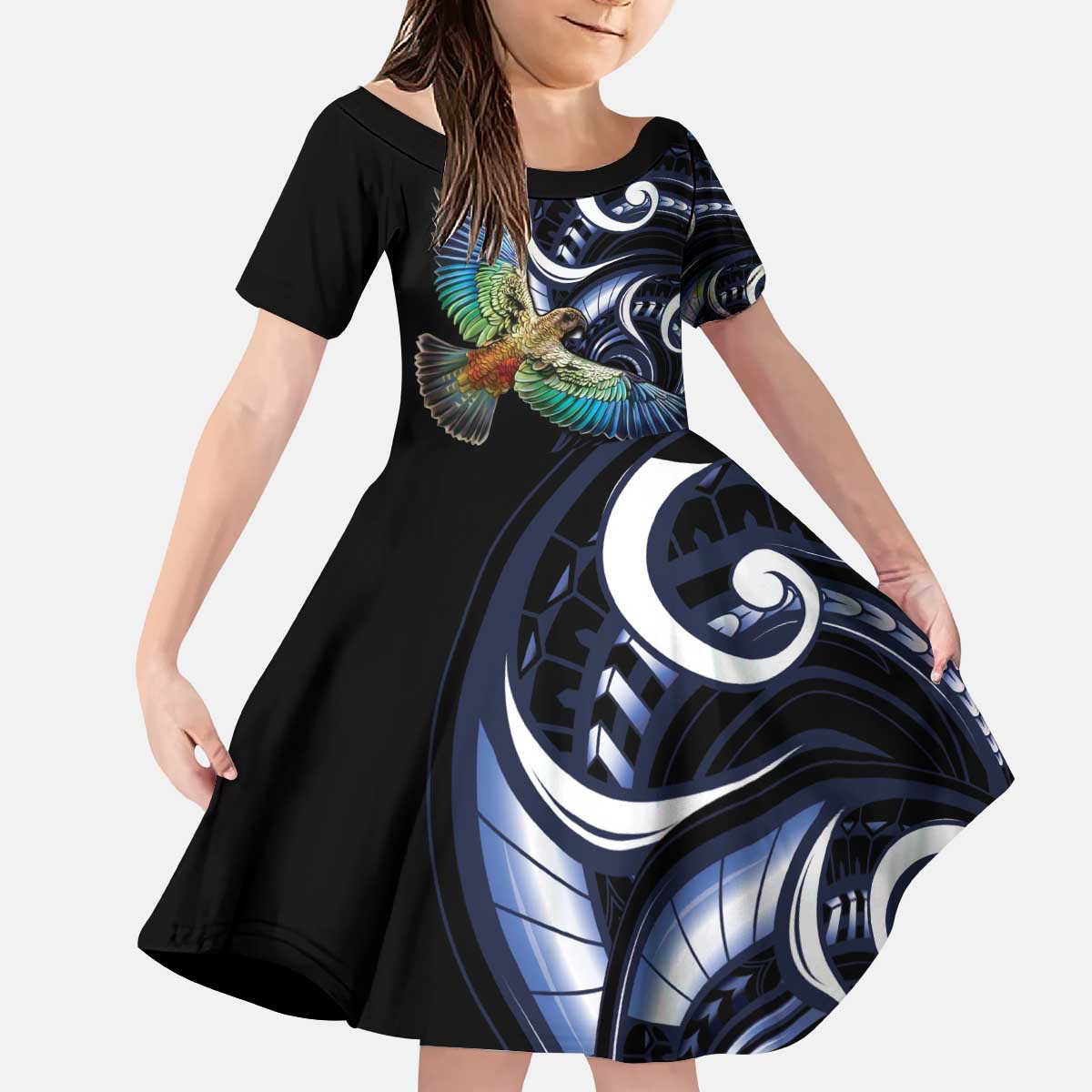 New Zealand Kea Bird Personalised Kid Short Sleeve Dress Maori Tribal Koru Art - Vibe Hoodie Shop