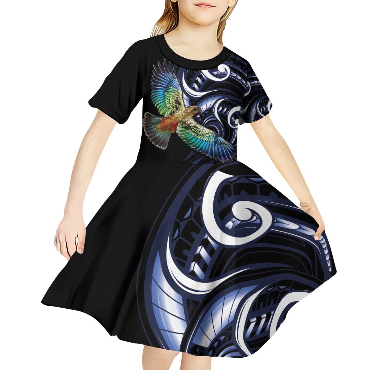 New Zealand Kea Bird Personalised Kid Short Sleeve Dress Maori Tribal Koru Art - Vibe Hoodie Shop