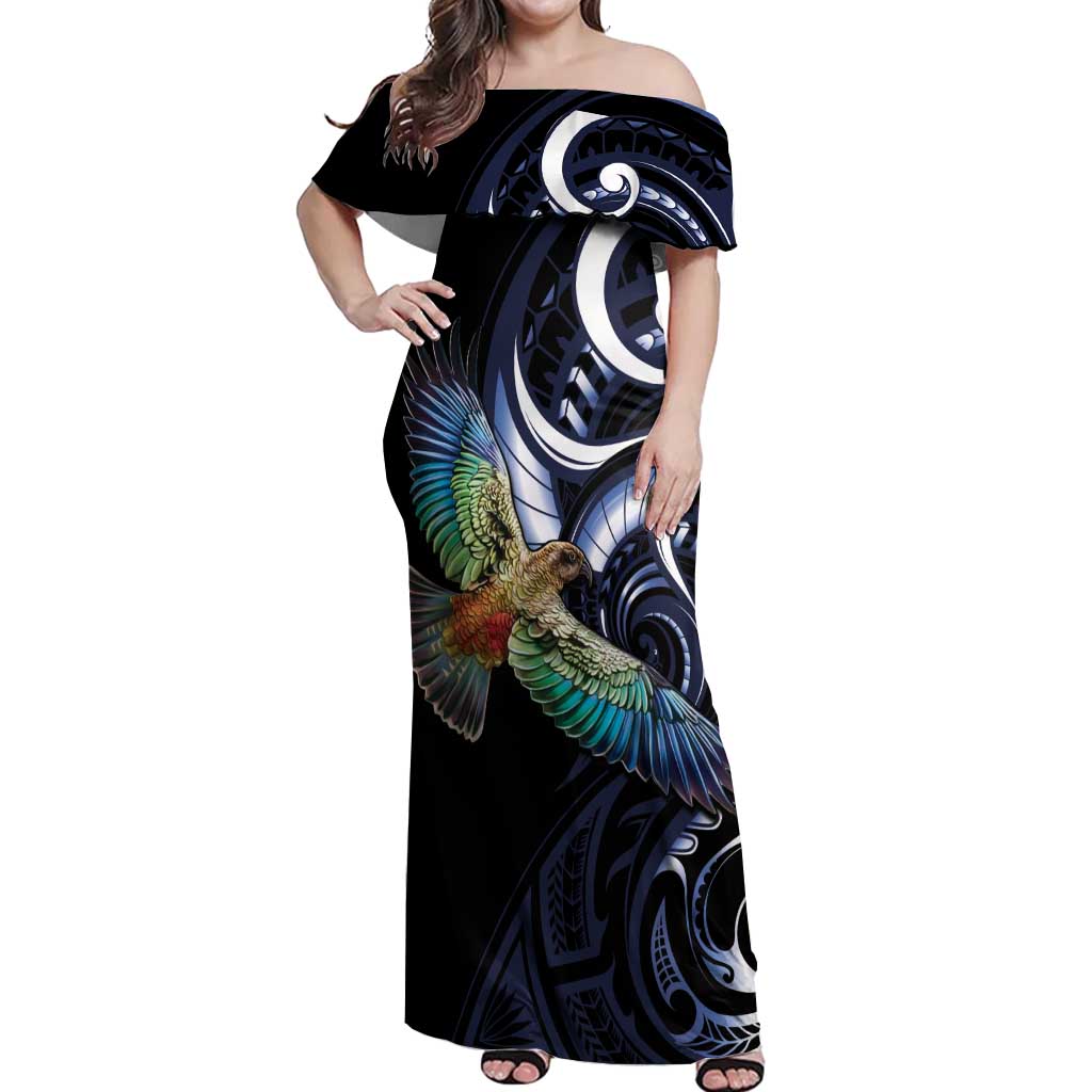 New Zealand Kea Bird Personalised Off Shoulder Maxi Dress Maori Tribal Koru Art