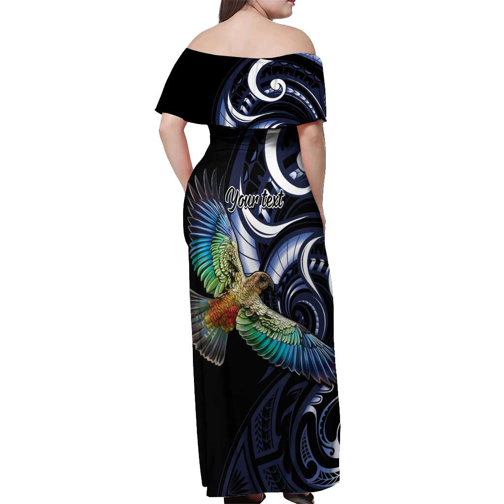 New Zealand Kea Bird Personalised Off Shoulder Maxi Dress Maori Tribal Koru Art