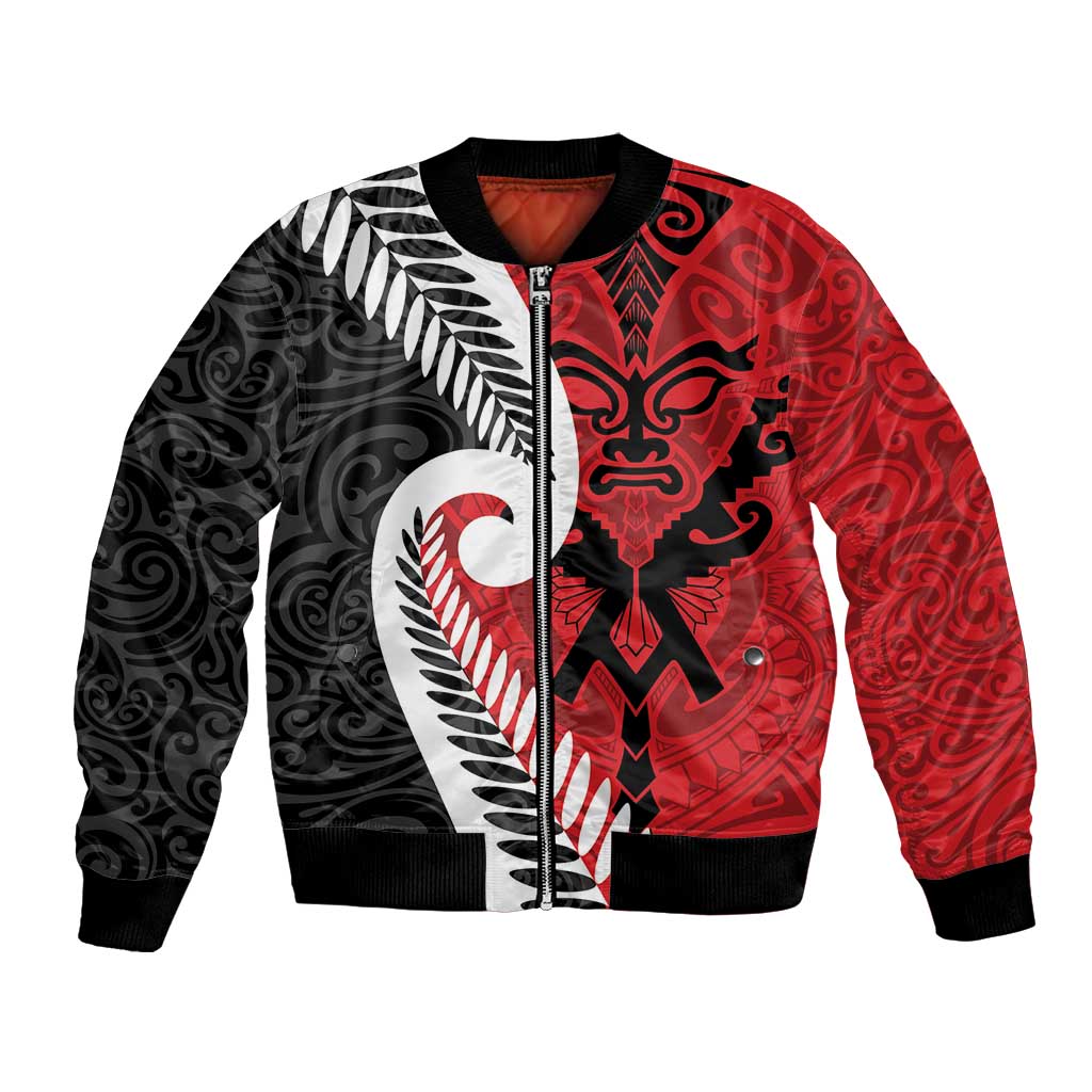 Silver Fern Koru Swirls with Maori Ta Moko Bomber Jacket - Vibe Hoodie Shop