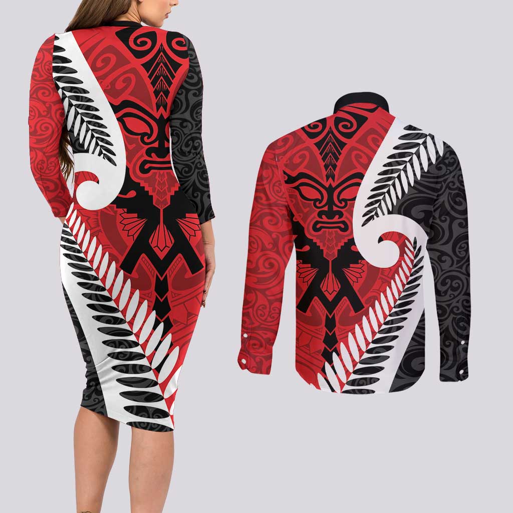 Silver Fern Koru Swirls with Maori Ta Moko Couples Matching Long Sleeve Bodycon Dress and Long Sleeve Button Shirt