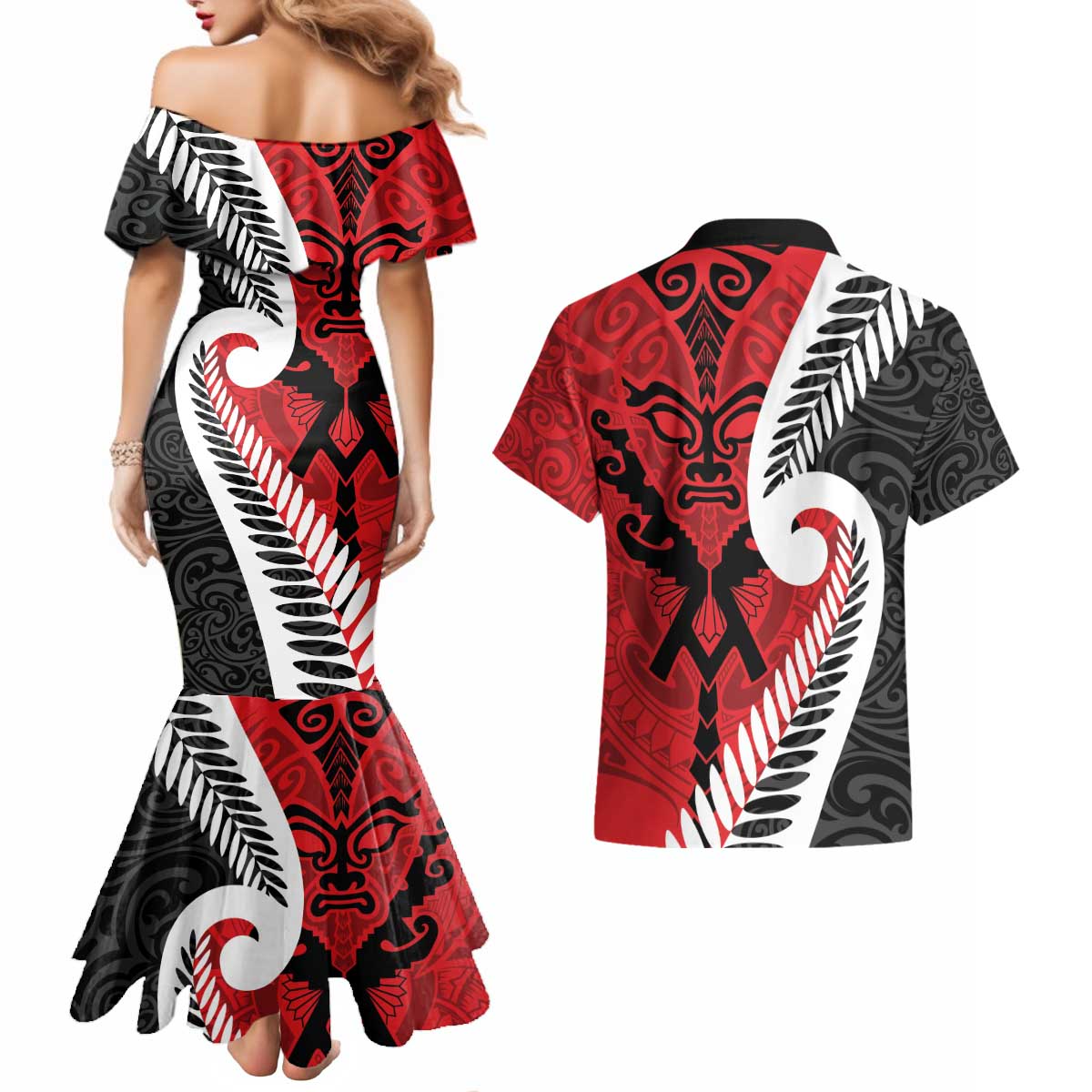 Silver Fern Koru Swirls with Maori Ta Moko Couples Matching Mermaid Dress and Hawaiian Shirt