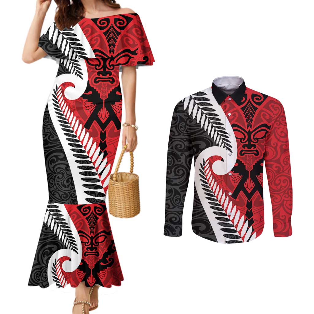 Silver Fern Koru Swirls with Maori Ta Moko Couples Matching Mermaid Dress and Long Sleeve Button Shirt