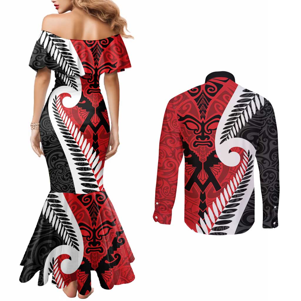 Silver Fern Koru Swirls with Maori Ta Moko Couples Matching Mermaid Dress and Long Sleeve Button Shirt