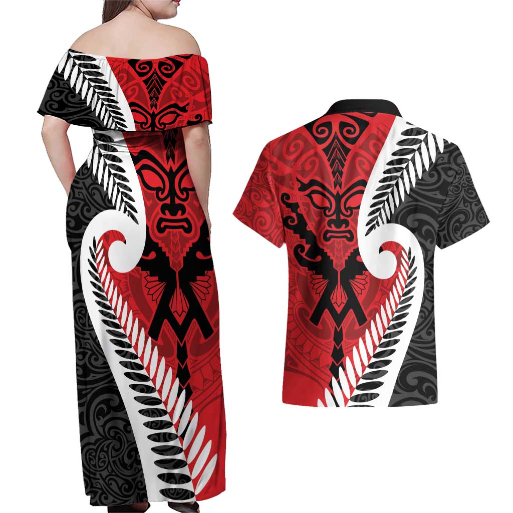 Silver Fern Koru Swirls with Maori Ta Moko Couples Matching Off Shoulder Maxi Dress and Hawaiian Shirt