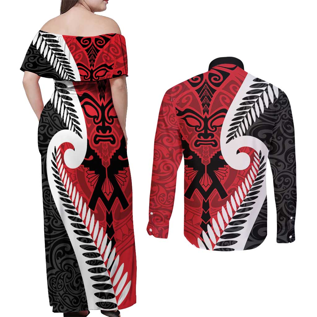 Silver Fern Koru Swirls with Maori Ta Moko Couples Matching Off Shoulder Maxi Dress and Long Sleeve Button Shirt