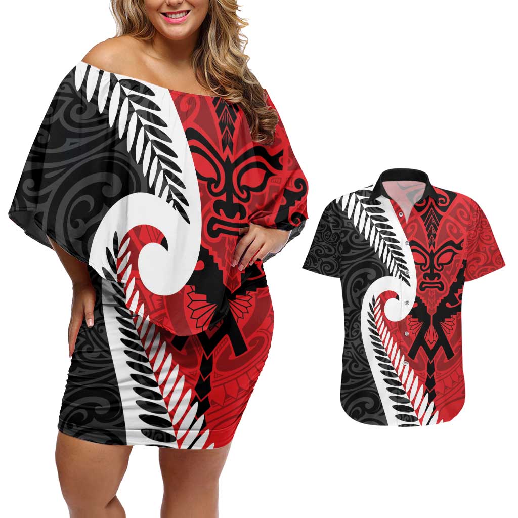 Silver Fern Koru Swirls with Maori Ta Moko Couples Matching Off Shoulder Short Dress and Hawaiian Shirt