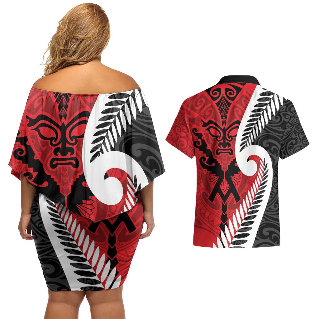 Silver Fern Koru Swirls with Maori Ta Moko Couples Matching Off Shoulder Short Dress and Hawaiian Shirt