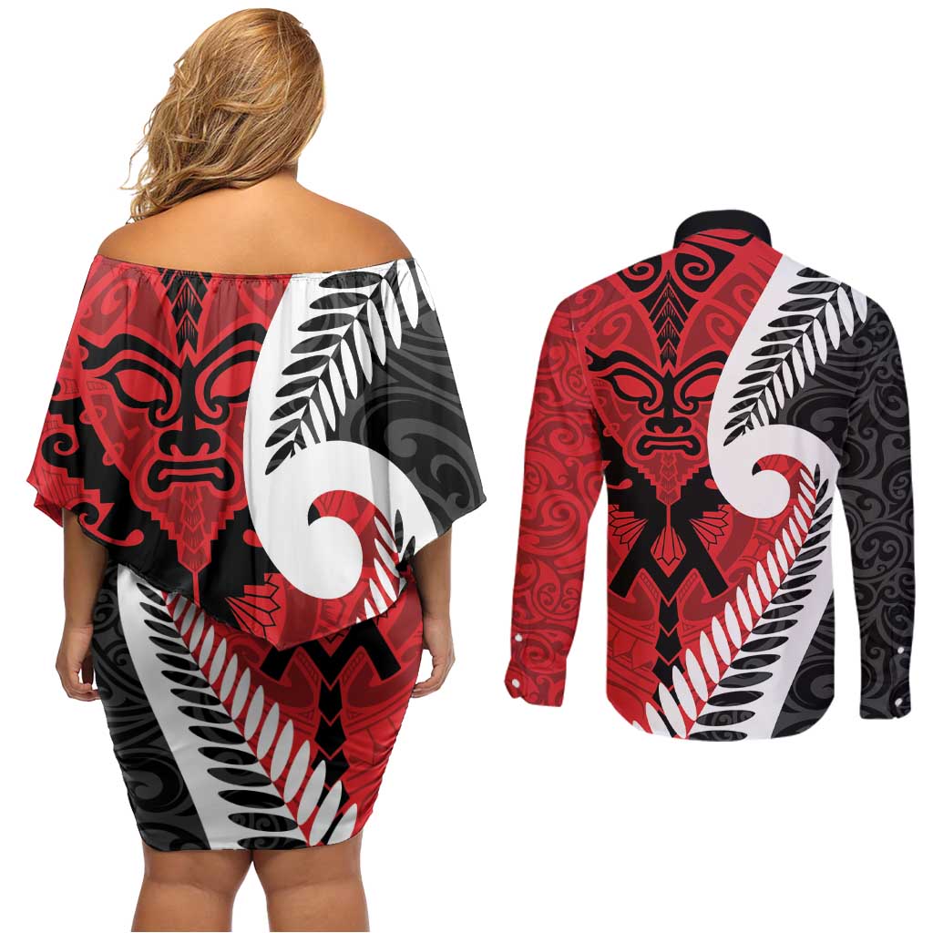 Silver Fern Koru Swirls with Maori Ta Moko Couples Matching Off Shoulder Short Dress and Long Sleeve Button Shirt