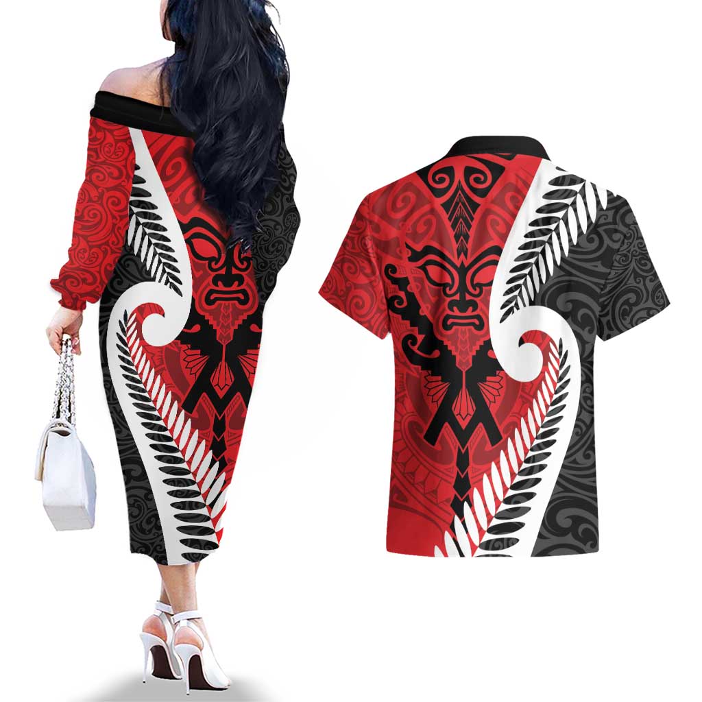 Silver Fern Koru Swirls with Maori Ta Moko Couples Matching Off The Shoulder Long Sleeve Dress and Hawaiian Shirt