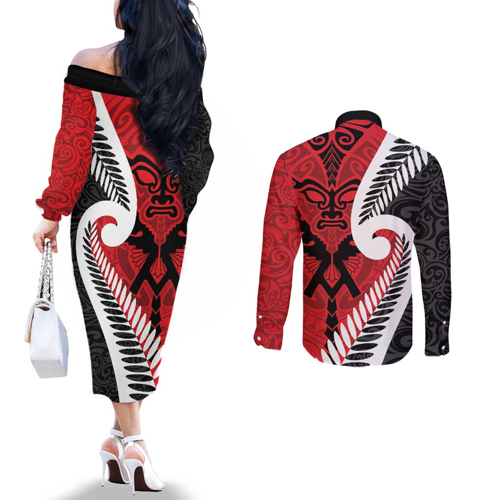 Silver Fern Koru Swirls with Maori Ta Moko Couples Matching Off The Shoulder Long Sleeve Dress and Long Sleeve Button Shirt