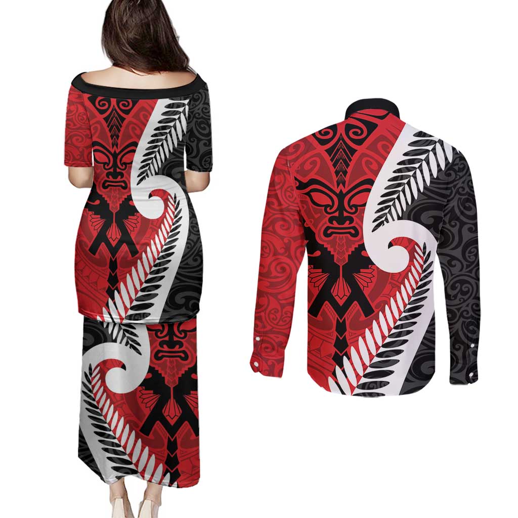 Silver Fern Koru Swirls with Maori Ta Moko Couples Matching Puletasi and Long Sleeve Button Shirt