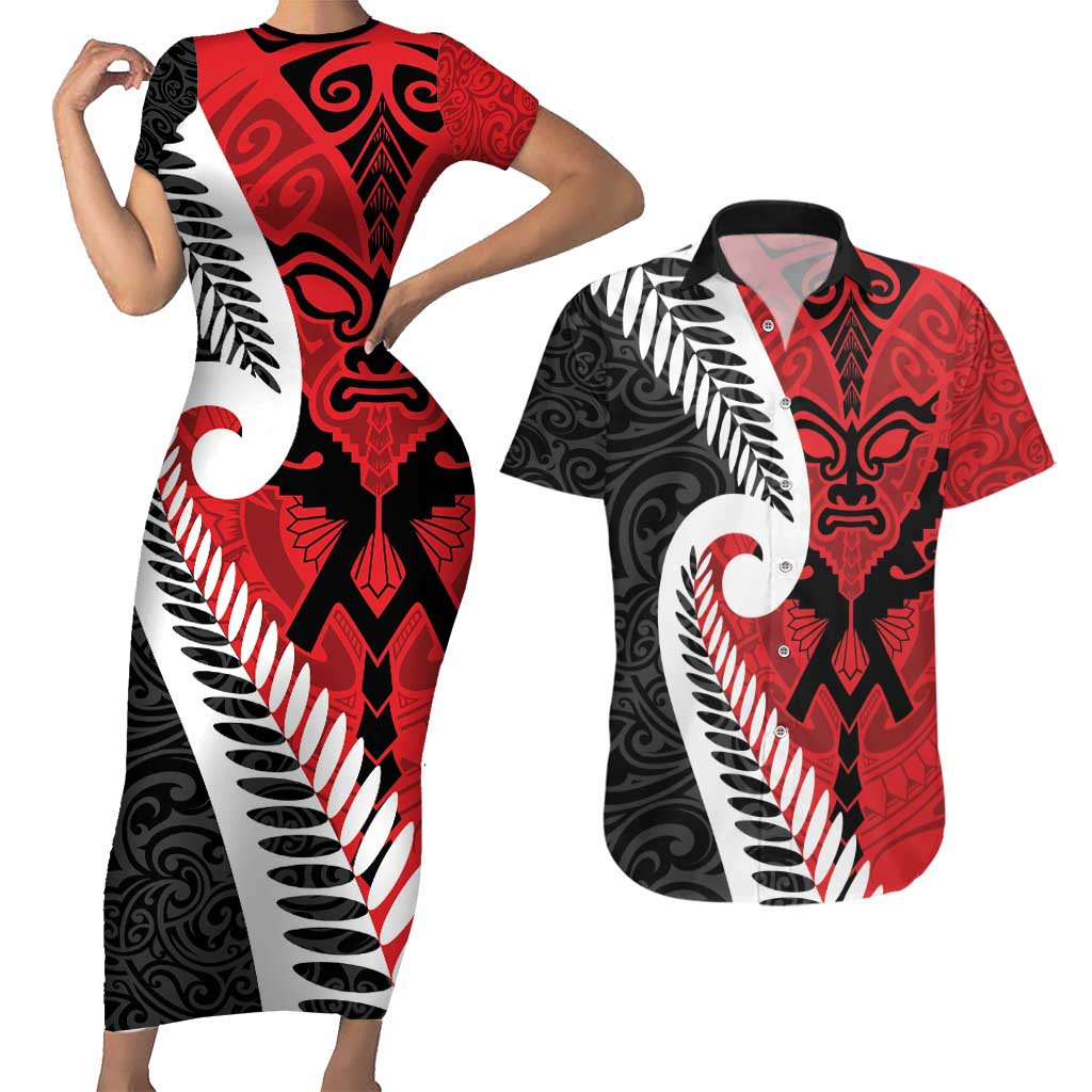 Silver Fern Koru Swirls with Maori Ta Moko Couples Matching Short Sleeve Bodycon Dress and Hawaiian Shirt