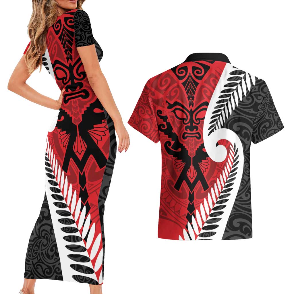 Silver Fern Koru Swirls with Maori Ta Moko Couples Matching Short Sleeve Bodycon Dress and Hawaiian Shirt