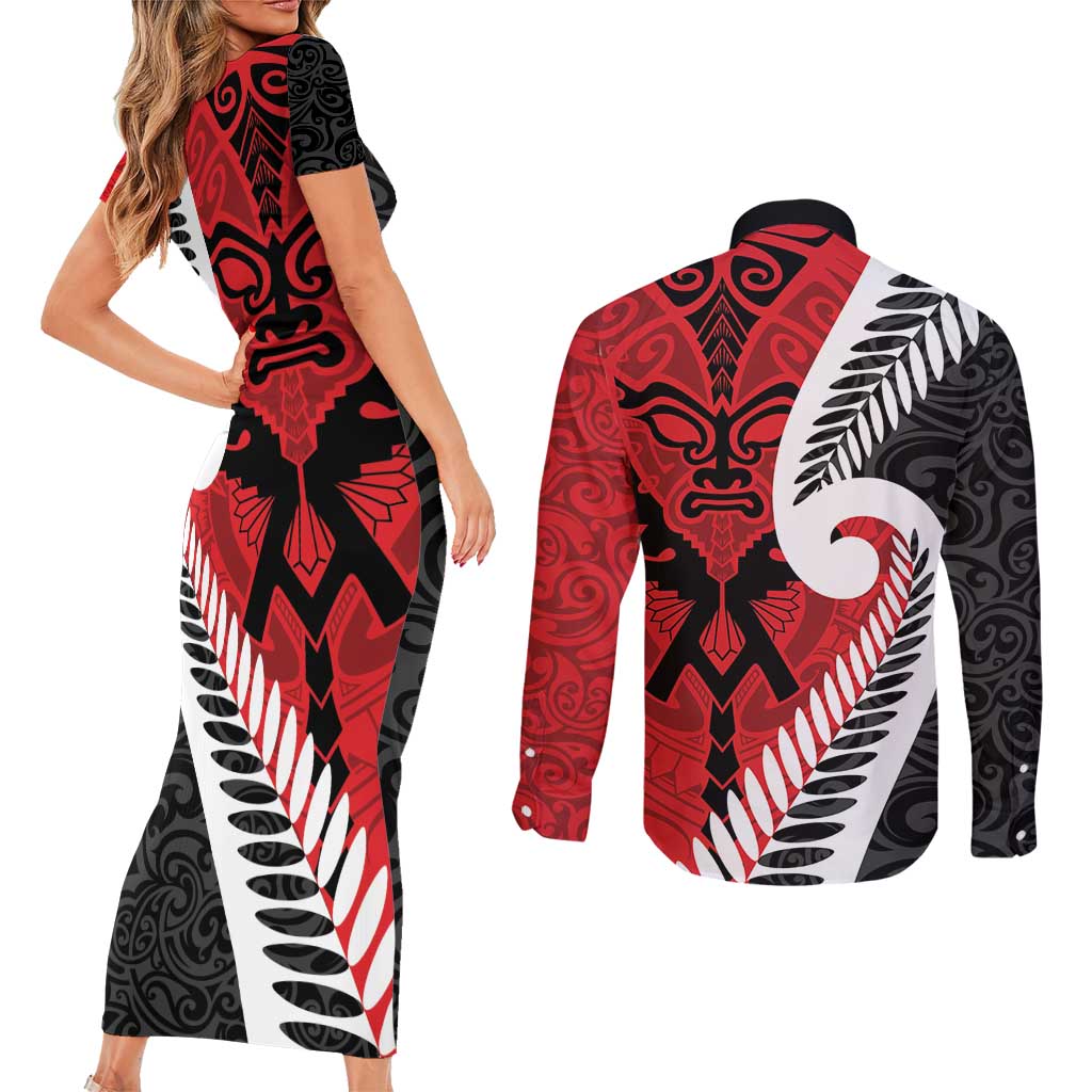 Silver Fern Koru Swirls with Maori Ta Moko Couples Matching Short Sleeve Bodycon Dress and Long Sleeve Button Shirt