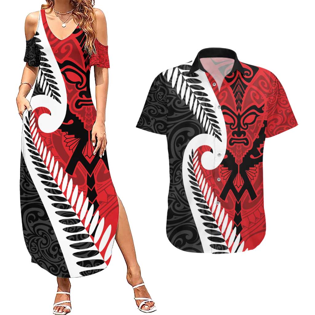 Silver Fern Koru Swirls with Maori Ta Moko Couples Matching Summer Maxi Dress and Hawaiian Shirt