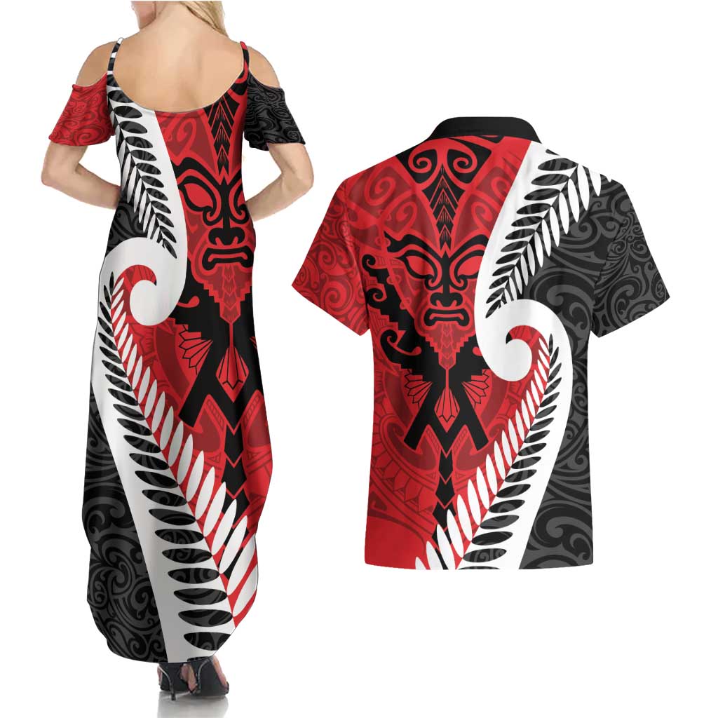 Silver Fern Koru Swirls with Maori Ta Moko Couples Matching Summer Maxi Dress and Hawaiian Shirt