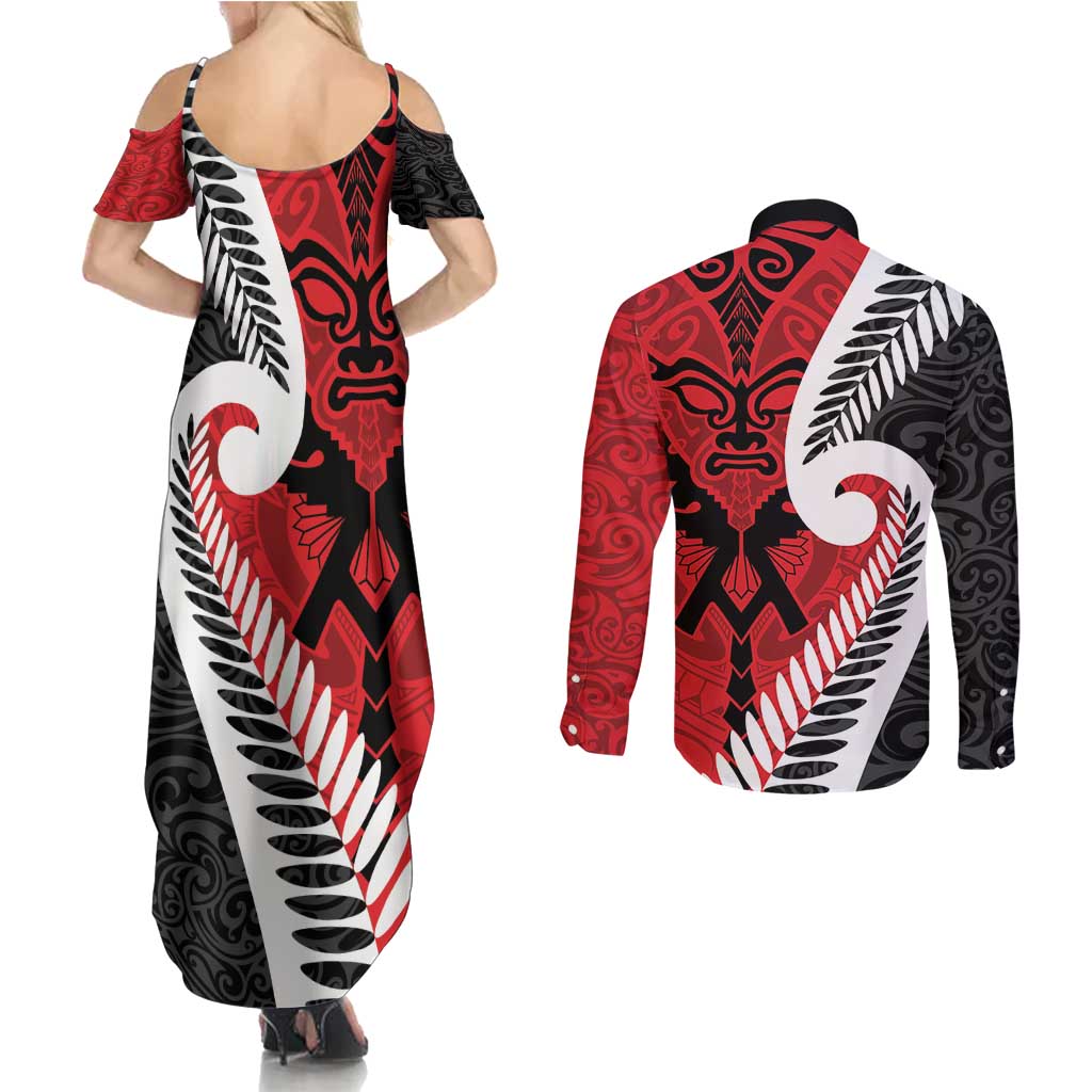 Silver Fern Koru Swirls with Maori Ta Moko Couples Matching Summer Maxi Dress and Long Sleeve Button Shirt