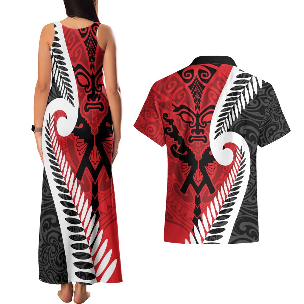 Silver Fern Koru Swirls with Maori Ta Moko Couples Matching Tank Maxi Dress and Hawaiian Shirt