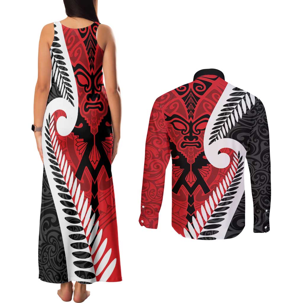 Silver Fern Koru Swirls with Maori Ta Moko Couples Matching Tank Maxi Dress and Long Sleeve Button Shirt