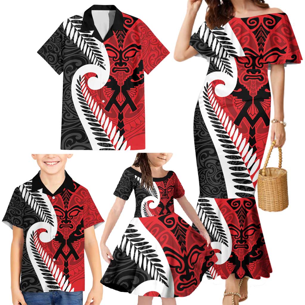 Silver Fern Koru Swirls with Maori Ta Moko Family Matching Mermaid Dress and Hawaiian Shirt