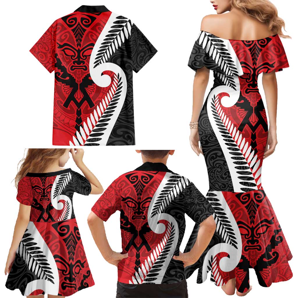 Silver Fern Koru Swirls with Maori Ta Moko Family Matching Mermaid Dress and Hawaiian Shirt