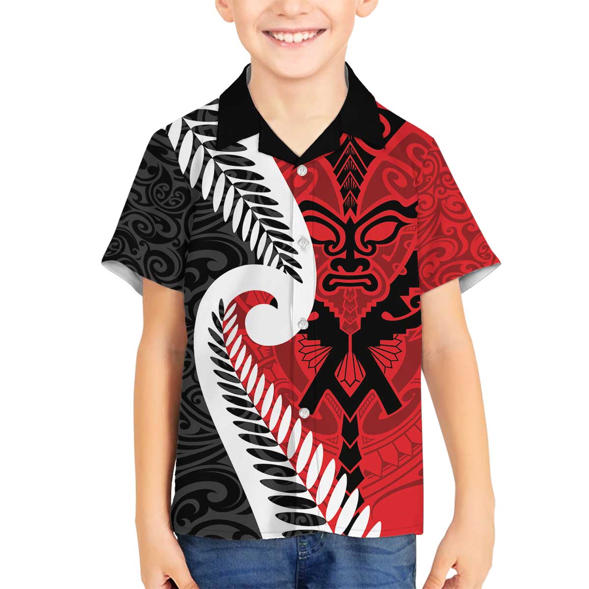 Silver Fern Koru Swirls with Maori Ta Moko Family Matching Off The Shoulder Long Sleeve Dress and Hawaiian Shirt