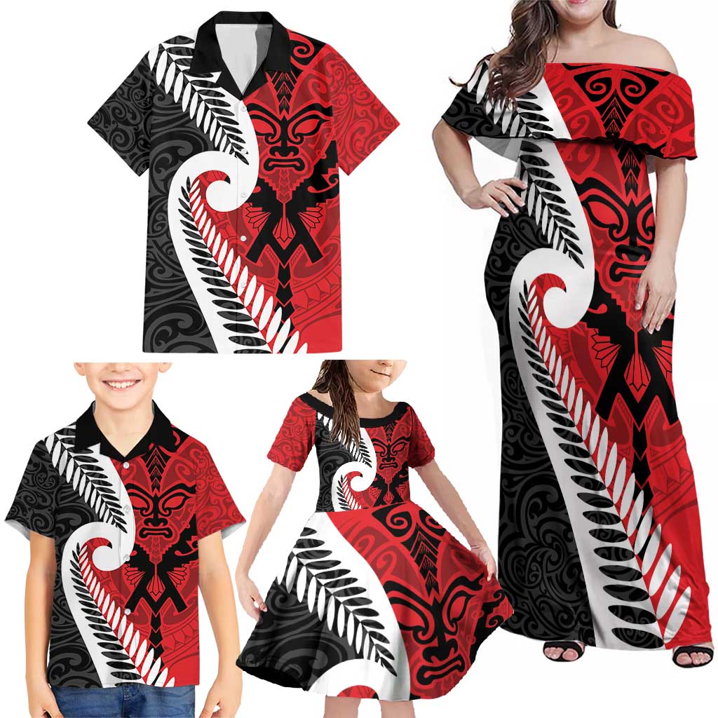 Silver Fern Koru Swirls with Maori Ta Moko Family Matching Off Shoulder Maxi Dress and Hawaiian Shirt