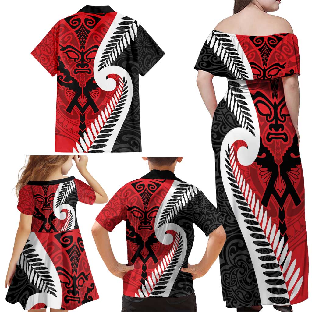 Silver Fern Koru Swirls with Maori Ta Moko Family Matching Off Shoulder Maxi Dress and Hawaiian Shirt