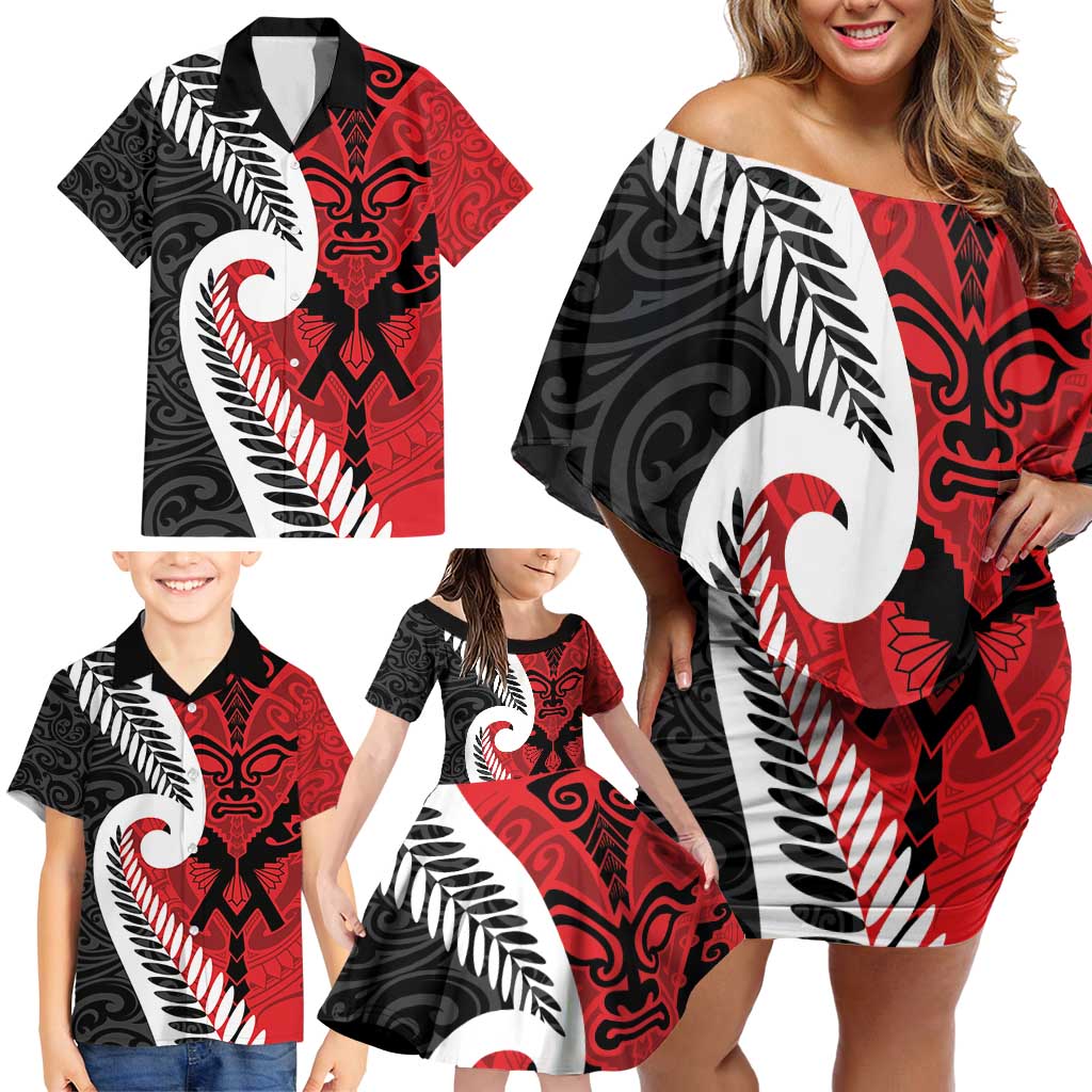 Silver Fern Koru Swirls with Maori Ta Moko Family Matching Off Shoulder Short Dress and Hawaiian Shirt