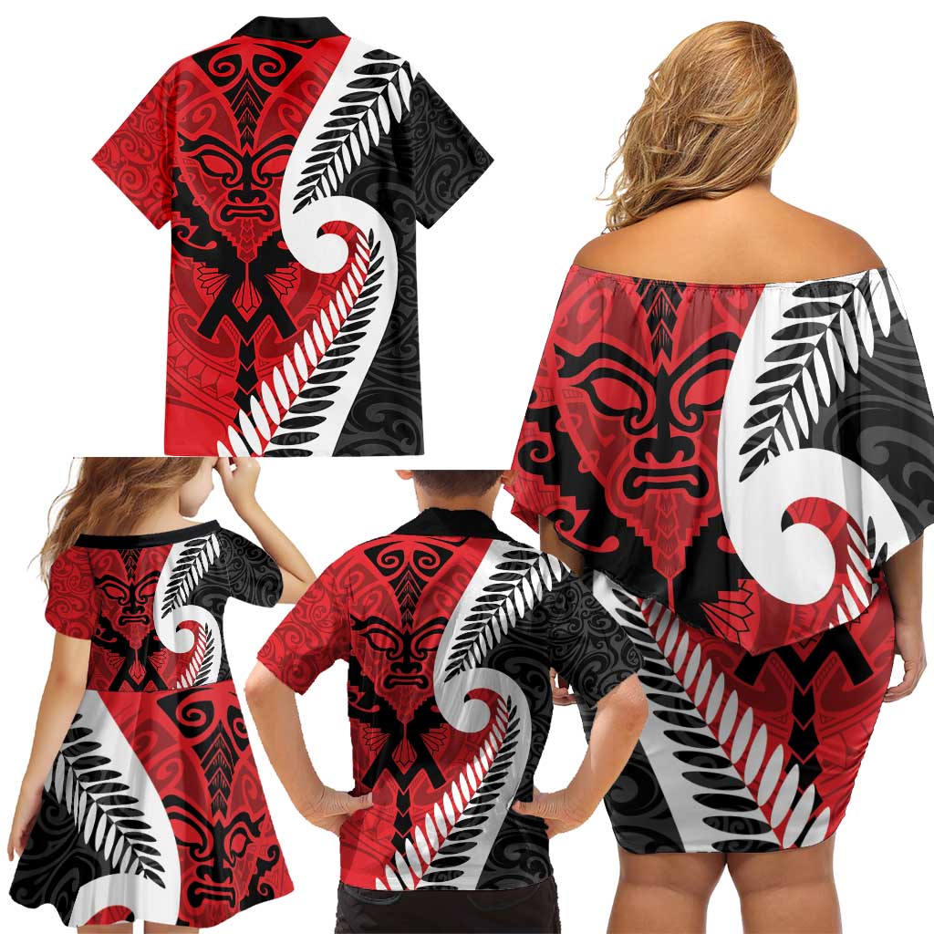 Silver Fern Koru Swirls with Maori Ta Moko Family Matching Off Shoulder Short Dress and Hawaiian Shirt