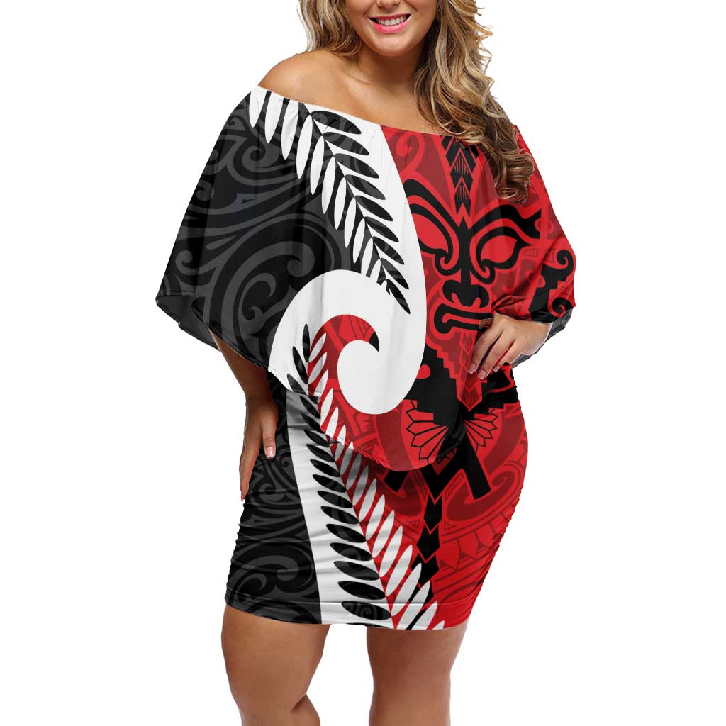 Silver Fern Koru Swirls with Maori Ta Moko Family Matching Off Shoulder Short Dress and Hawaiian Shirt