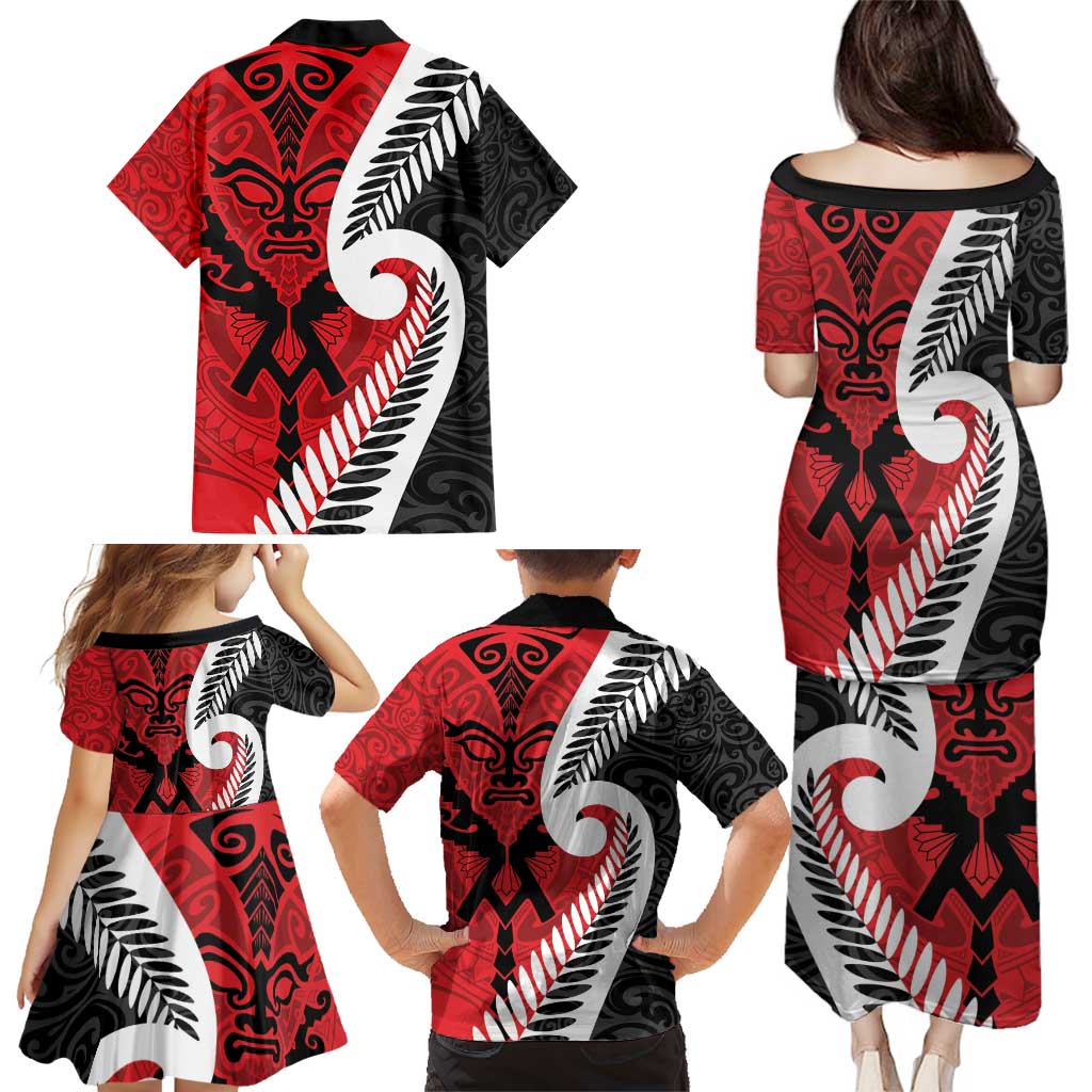 Silver Fern Koru Swirls with Maori Ta Moko Family Matching Puletasi and Hawaiian Shirt