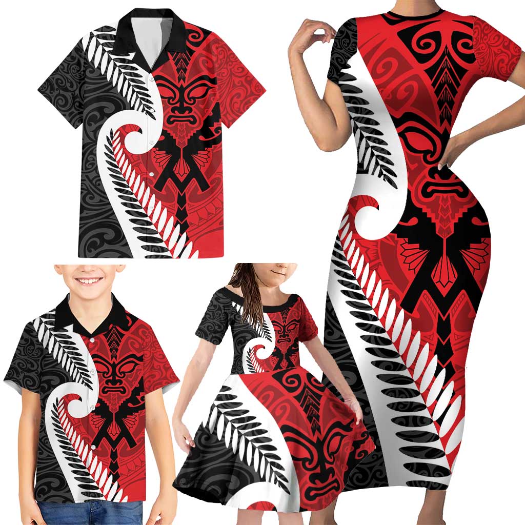 Silver Fern Koru Swirls with Maori Ta Moko Family Matching Short Sleeve Bodycon Dress and Hawaiian Shirt