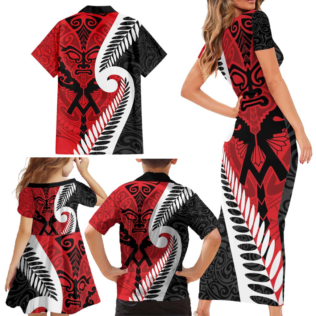 Silver Fern Koru Swirls with Maori Ta Moko Family Matching Short Sleeve Bodycon Dress and Hawaiian Shirt