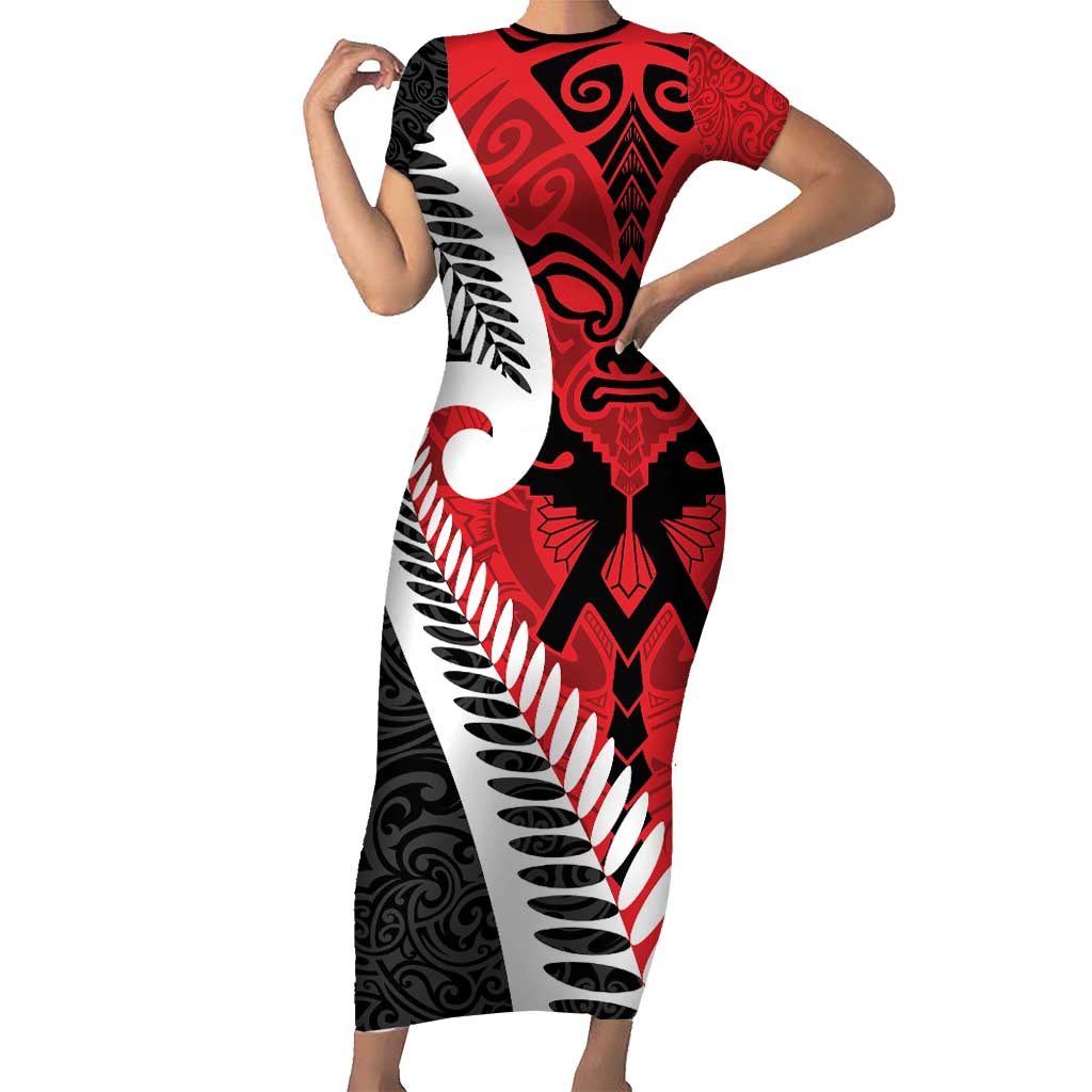 Silver Fern Koru Swirls with Maori Ta Moko Family Matching Short Sleeve Bodycon Dress and Hawaiian Shirt