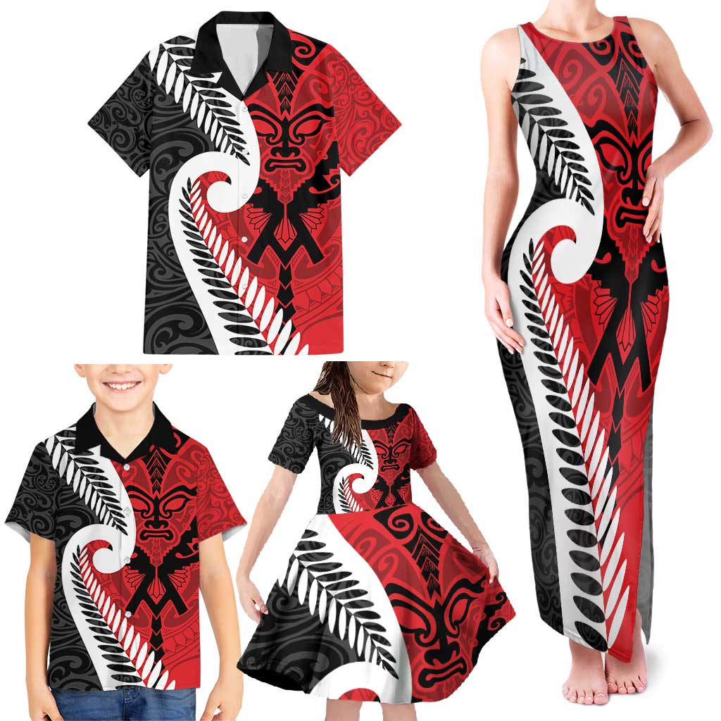 Silver Fern Koru Swirls with Maori Ta Moko Family Matching Tank Maxi Dress and Hawaiian Shirt