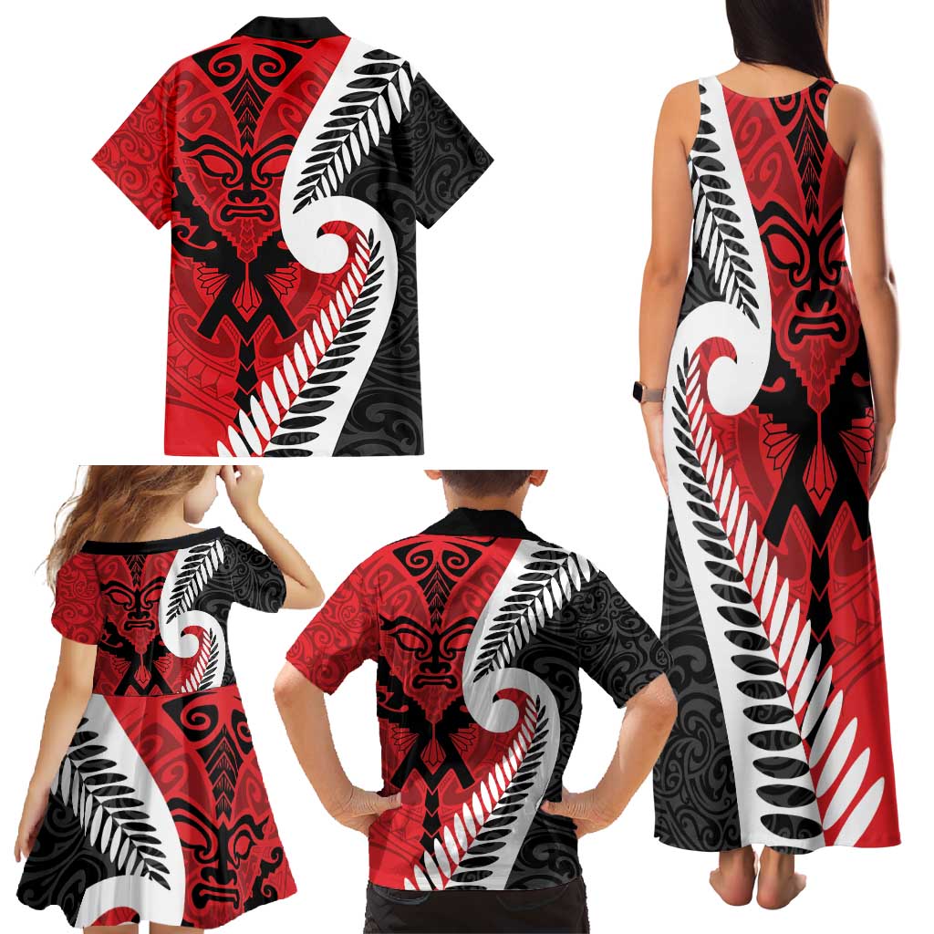 Silver Fern Koru Swirls with Maori Ta Moko Family Matching Tank Maxi Dress and Hawaiian Shirt