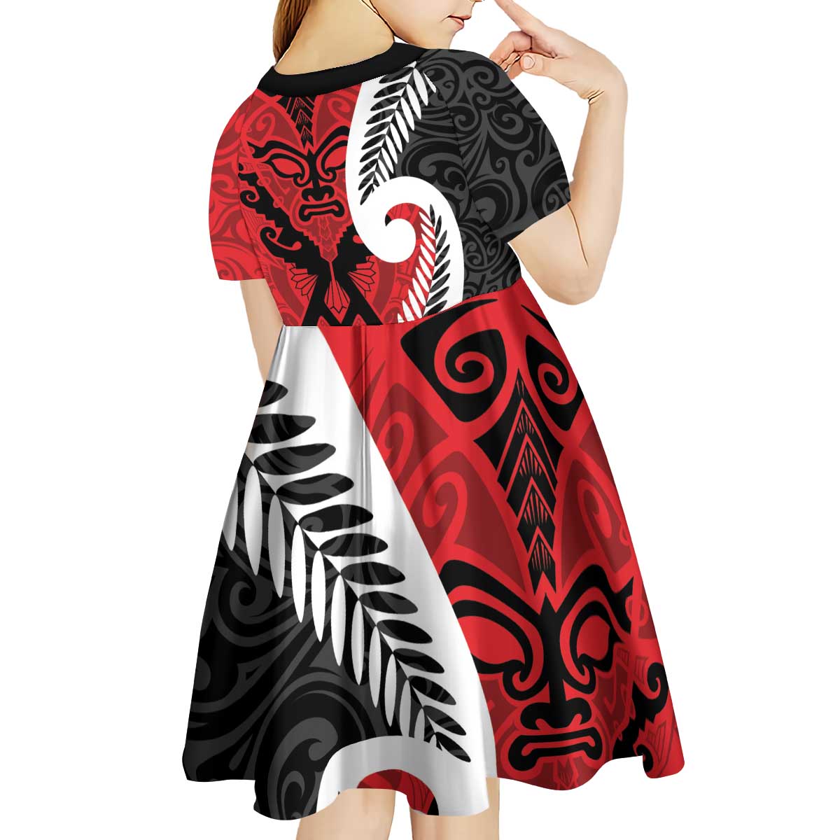 Silver Fern Koru Swirls with Maori Ta Moko Kid Short Sleeve Dress - Vibe Hoodie Shop