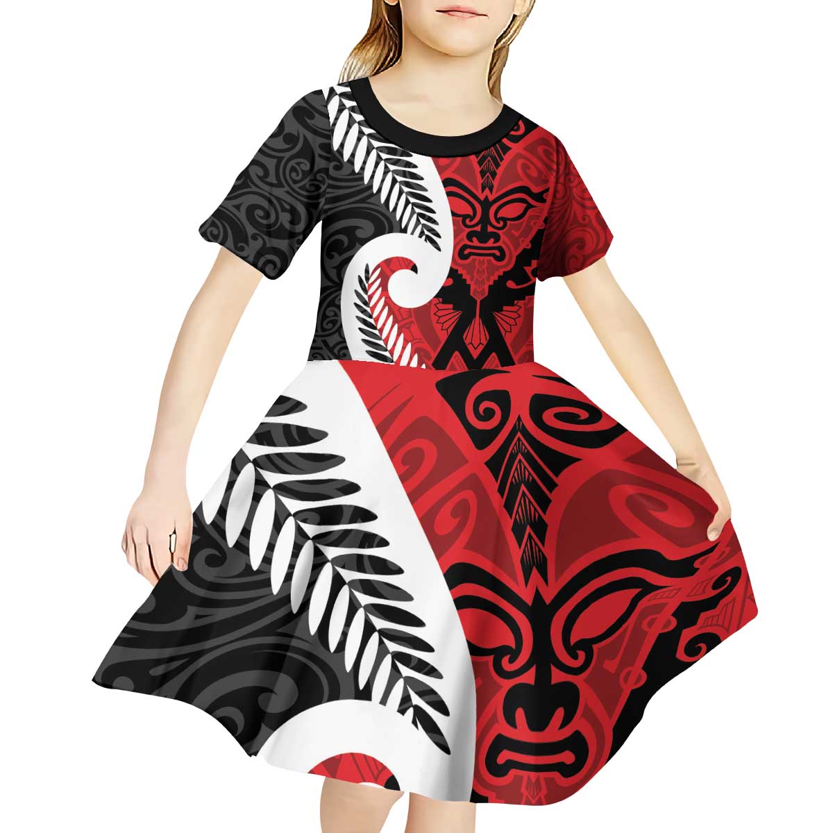 Silver Fern Koru Swirls with Maori Ta Moko Kid Short Sleeve Dress - Vibe Hoodie Shop