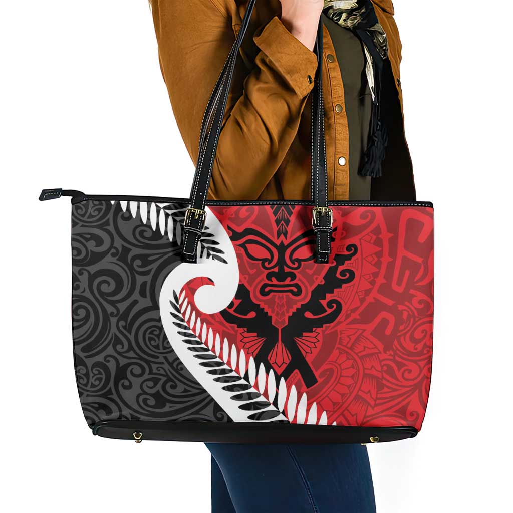 Silver Fern Koru Swirls with Maori Ta Moko Leather Tote Bag