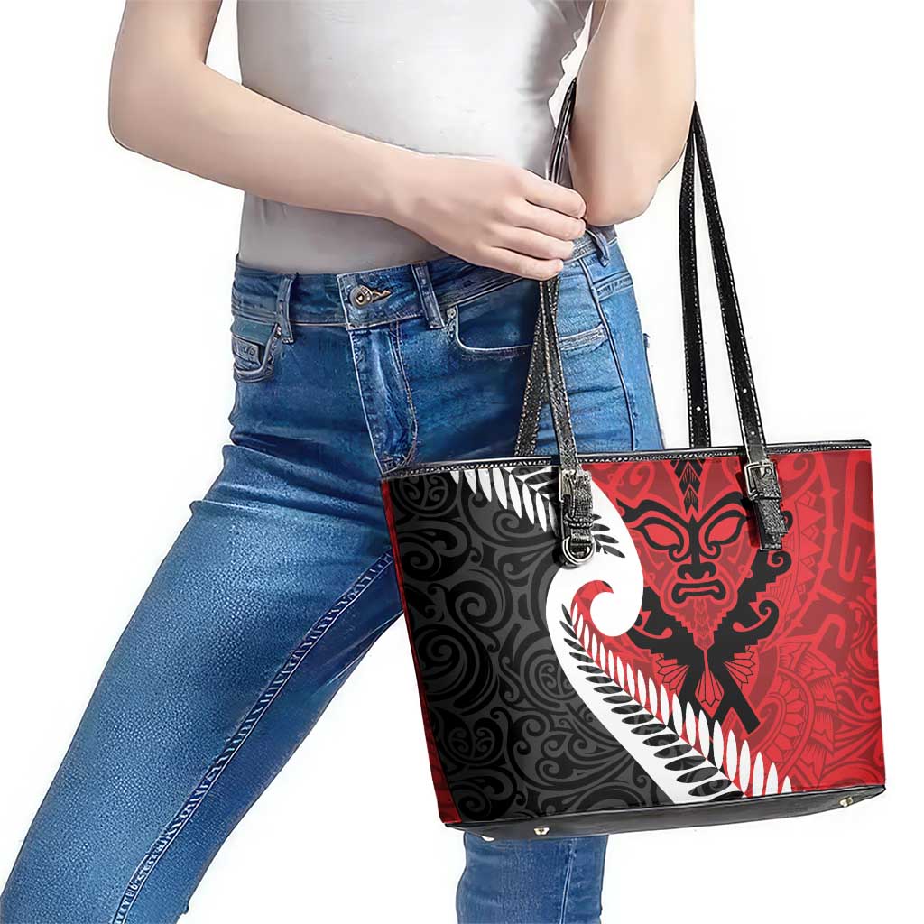 Silver Fern Koru Swirls with Maori Ta Moko Leather Tote Bag