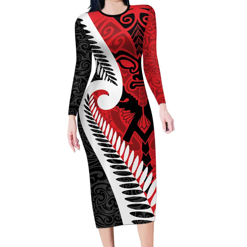 Silver Fern Koru Swirls with Maori Ta Moko Long Sleeve Bodycon Dress