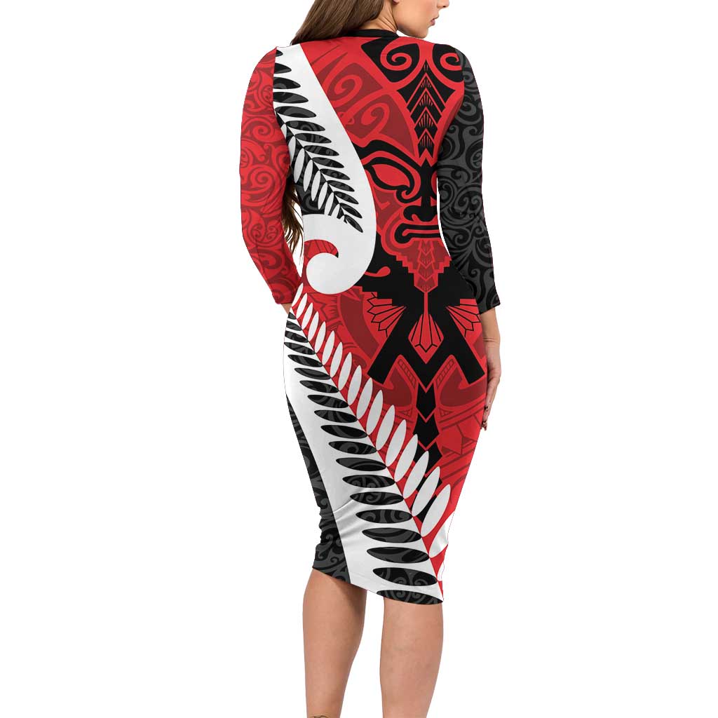 Silver Fern Koru Swirls with Maori Ta Moko Long Sleeve Bodycon Dress