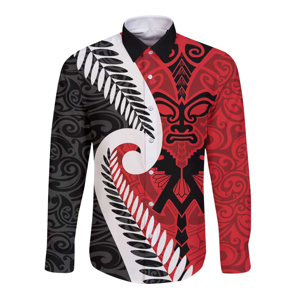 Silver Fern Koru Swirls with Maori Ta Moko Long Sleeve Button Shirt - Vibe Hoodie Shop