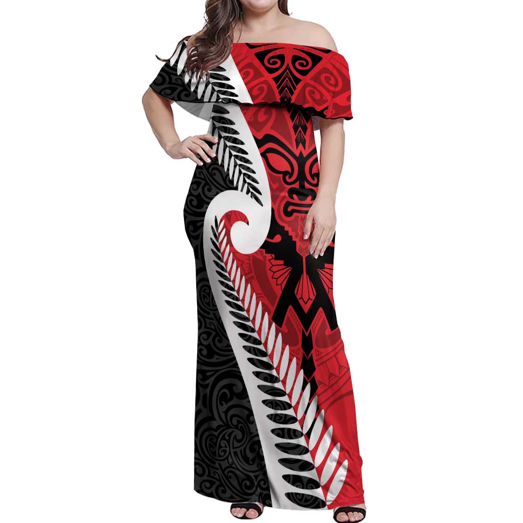 Silver Fern Koru Swirls with Maori Ta Moko Off Shoulder Maxi Dress